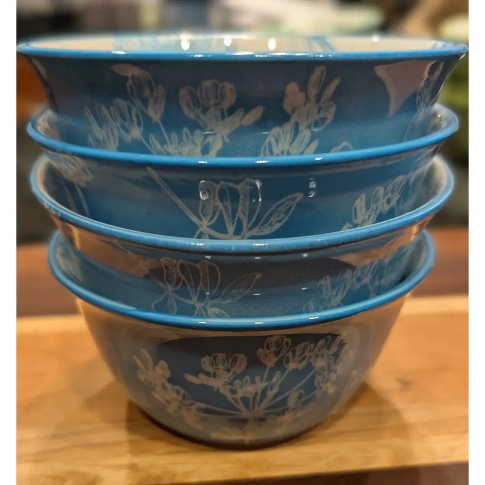 Stoneware Botanical Print Bowls, Set of 4, New, Sky Blue!